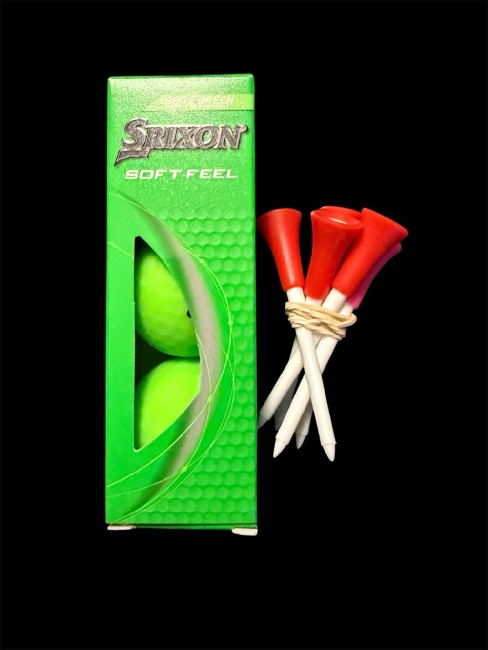 Srixon Soft Feel Green Golf Ball Sleeve with 5 Pack Rubber Top Red Tees 2.75”